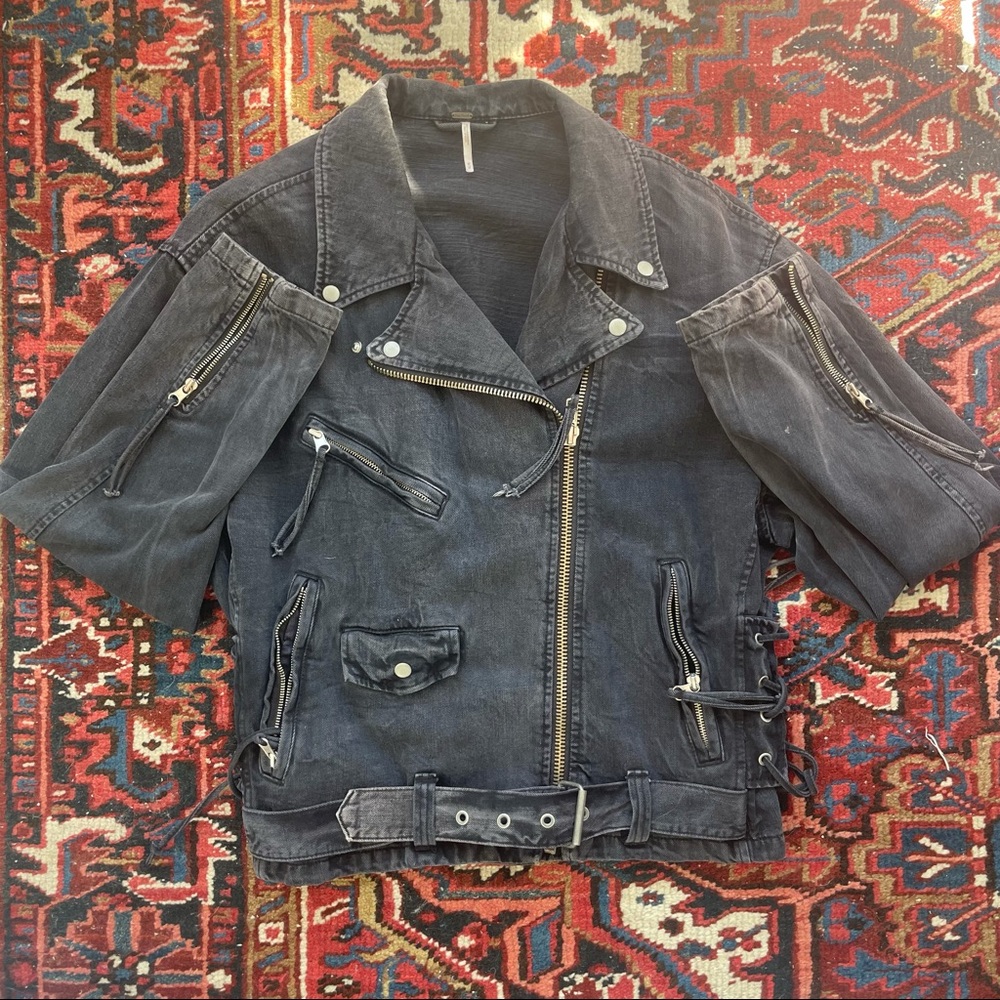 Free People Denim Moto Jacket Washed Black Oversized - M Fits Like XL